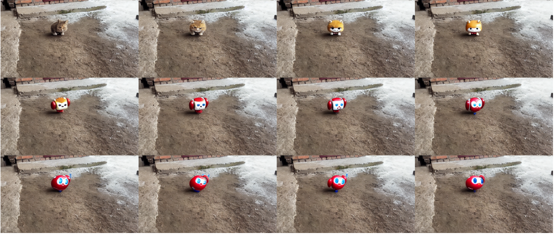 12-frame grid showing progressive appearance drift: a cat is replaced by a stylized toy that changes color, shape, and identity across frames